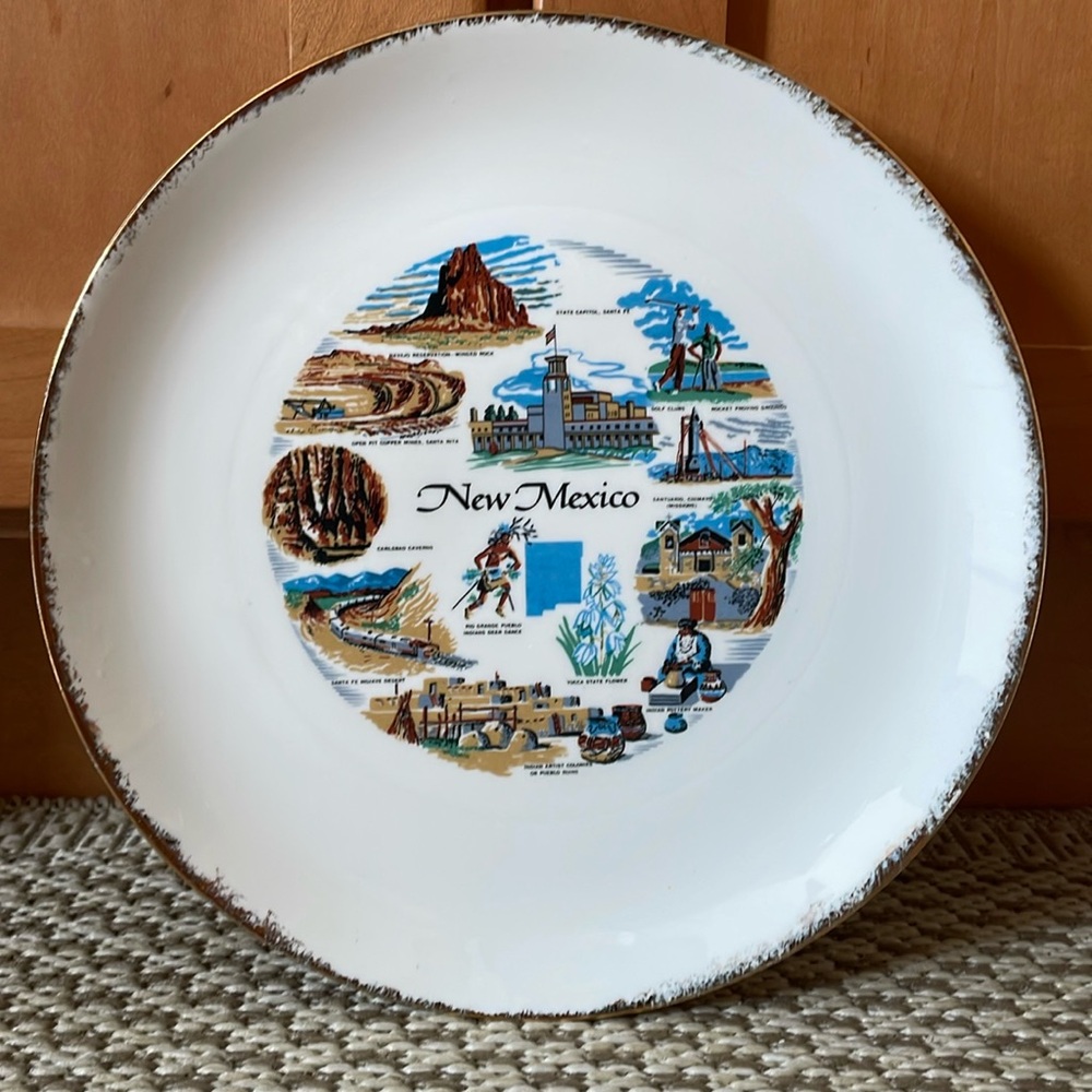 Homer Laughlin New Mexico Souvenir Plate- Cream and Gold With Turquoise-vintage